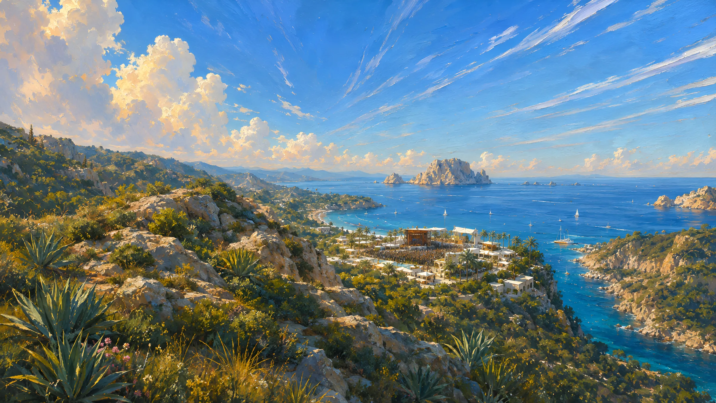 A painted view over an Ibiza cove: a DJ playing to a small group on a clifftop, with a beach club and a crowd on the shore far below.